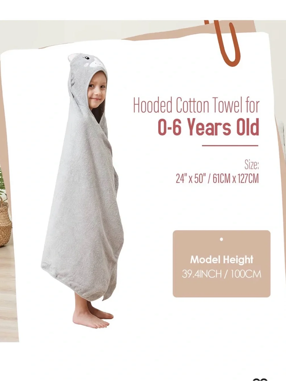 Kids Hooded Cat Towel Wrap - Gray 100% cotton